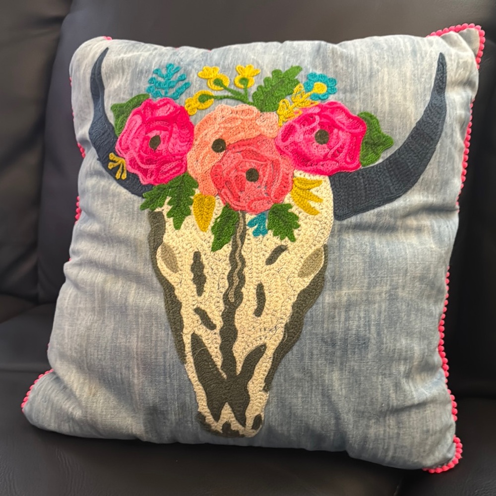 Floral Bull Skull Embroidered throw Pillow